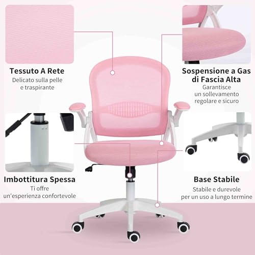 Sedia Ufficio con Funzione a Dondolo, Braccioli Regolabili, Altezza Regolabile, Sedia Scrivania con Schienale a Rete, Ruote e Seduta Imbottita, 65.5x61.5x88-97.5 cm, Rosa - Sedia gaming - Immagine 7