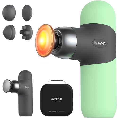 RENPHO Mini Thermal Massage Gun with Heat, Portable Deep Tissue Percussion Massager with 4 Heads for Neck & Back Comfort, Ultra-Quiet Operation for Home, Office & Travel, Includes Compact Ca