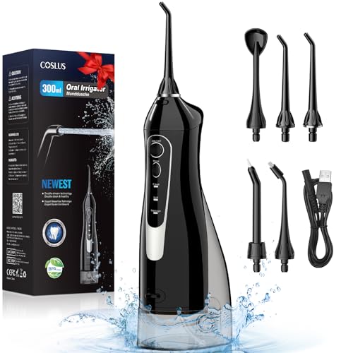 COSLUS Water Dental Flosser for Teeth Cordless: Portable Oral Irrigator 300ML 5 Jet Tips Rechargeable Tooth Flosser Teeth Braces Pick IPX7 Waterproof