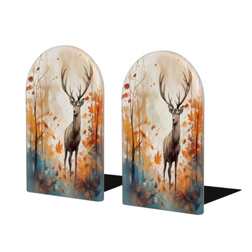 (2 PCS/1 Pairs) Wood Bookends Autumn Deer Watercolor Decorative Wood Bookends for Student School Shelves Kids Room Desk Home Office Book Stoppers for Holiding Books 5x3 Inch