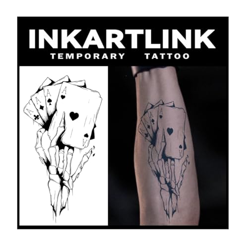 INKARTLINK Tattoo Tech, 2 Sheets Large Semi Permanent Tattoo, Adult Art Design Temporary Tattoos, Lasts 1-2 Weeks, Waterproof, Realistic Look, No Adhesive, No Reflection (Skeleton Poker Design)