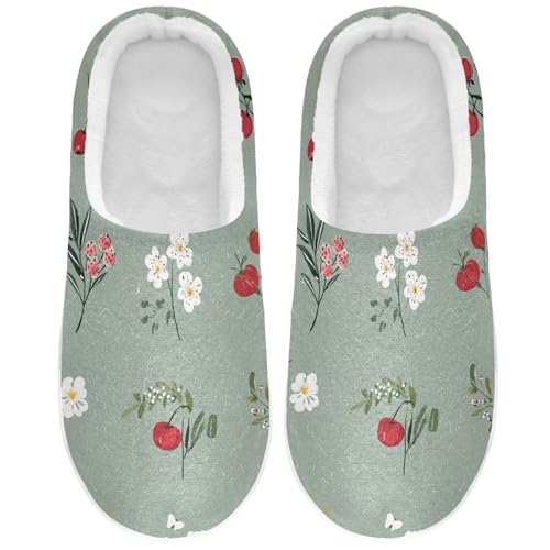 JUNZAN Funny Cranberries Fruit Sage Green Women Home Cotton Slippers Wide Memory Foam House Shoes for Bedroom Christmas Presents 6-7