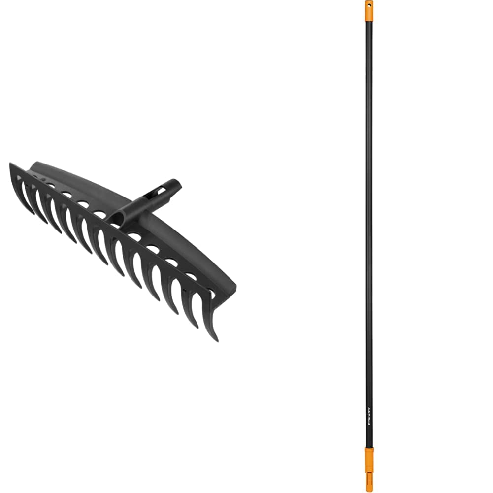 Fiskars Set mit Stiel und wechselbarem Rechen-Kopf, Solid, Mit 12 Kunststoff-Zinken, Länge (Stiel) 157,5 cm (L), Breite: 41 cm, Aluminium, Schwarz/Orange, 1014913 und 1014917