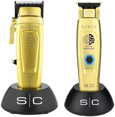 Stylecraft Saber Pro Grooming Bundle: Digital Brushless Saber II Clipper & Saber Trimmer (Gold) Holiday Gift Bundle