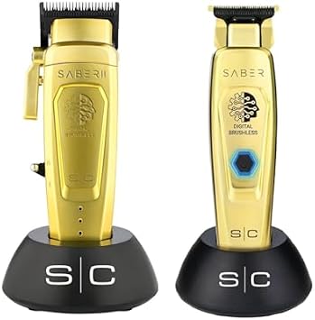 Stylecraft Saber Pro Grooming Bundle Digital Brushless Saber II Clipper & Saber Trimmer Gold Holiday Gift Bundle