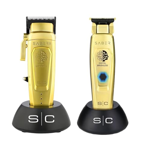 StyleCraft Saber Pro Grooming Bundle: Digital Brushless Saber II Clipper & Saber Trimmer (Gold) Holiday Gift Bundle