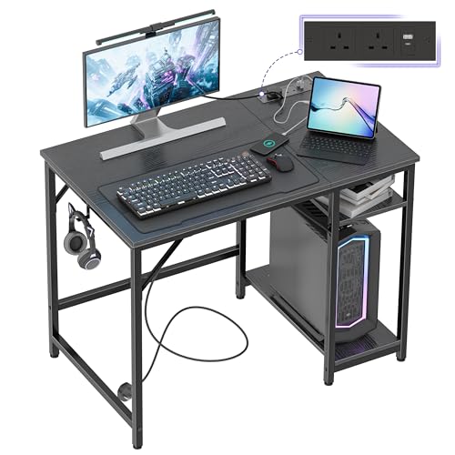 JOISCOPE Computer Desk, 100cm Office Desk with Power Outlets, USB & Type-C and 2 Shelves, Modern Black Desk with Hook, Gaming Desk for Playing, Small Desk for Bedroom Home Office, Black