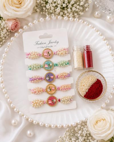 Image of Premium Designer Pastel Resin Pearl Floral Rakhi For Brother | Elegant Flower Rakhi Set Of 1 /2 /3 /4 /5 /6 Raksha Bandhan Gift Bhai Combo For Bhaiya Bhabhi & Sister Bracelet Brother Bhai Sister In Law Kids | Traditional & Festive Wrist Band