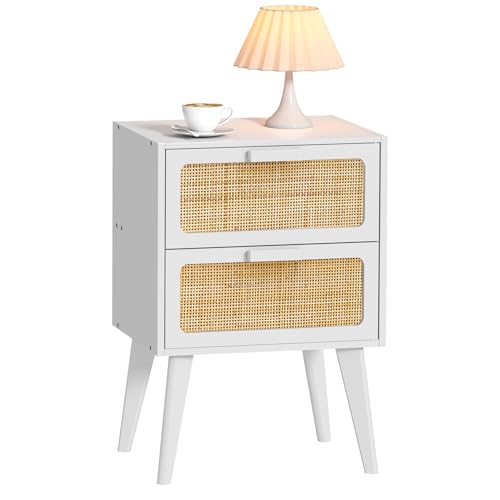 YAUKOMEL Mesita de noche de ratán, mesa auxiliar de madera con 2 cajones hechos a mano de ratán, mesita de noche bohemia, mesa auxiliar con almacenamiento, para salón, dormitorio, blanco, DECTG59W