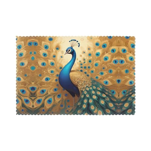 WZYWHJ Juego de 6 manteles individuales Edge Golden Peacock Prints de 12 x 18 pulgadas, resistentes al calor, antideslizantes, resistentes a las manchas, fáciles de limpiar, para decoración de fiestas