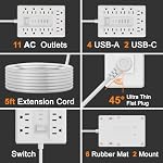 Bande de puissance du protecteur de surpression, 11 Largement espacées AC Sorties & 6 USB Ports (4A+2C), 5FT Barre d'alimentation à prise plate, murable, protection contre les surpressions pour la maison, bureau, salle de dortoir Essentiels