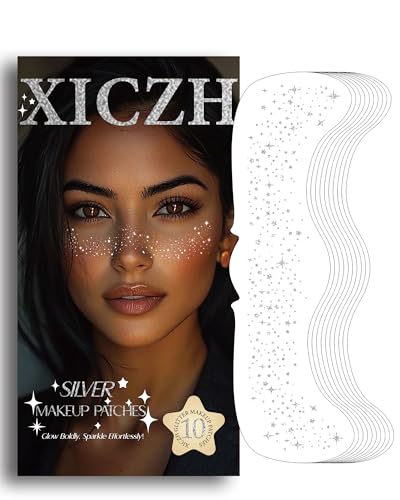 XICZH Glitter Freckles, Body and Face Glitter Makeup Patches for Women Girls, Waterproof Festival Rave Accessories fit Country Concert Outfits (Silver - 10 pcs)