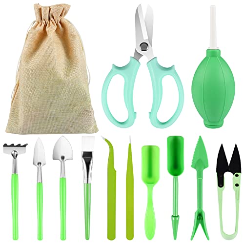 ZeYou 13PCS Outils de Jardin Kit Bonsai, Mini Outils Jardinage Pour Plantes D'intérieur et Culture Professionnelle de Bonsai, Outils Bonsai Avec Sac de Rangement Portable, Sécateur, Râteau(Vert) Cover