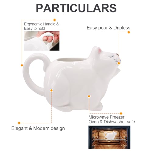 ISTOOLL Large 23Oz Cat Gravy Boat,With Hand Painted White Fine Porcelain Saucier With Big Dripless Lip Spout |For Gravy, Warming Sauces, Salad Dressings, Milk, More Microwave & Freezer Safe(700ML)