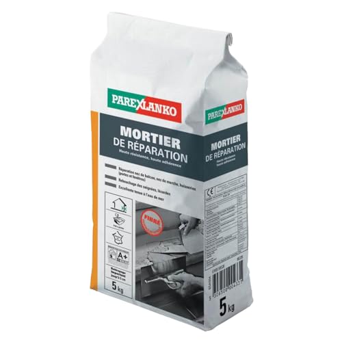 Parexlanko Mortier de Réparation Prêt à gâcher Fibré Réparation nez de balcon,nez de marche,huisseries Rebouchage de saignée, lézardes Haute résistance Adhérence Rattrapage Important jusqu'à 5 cm 5 kg