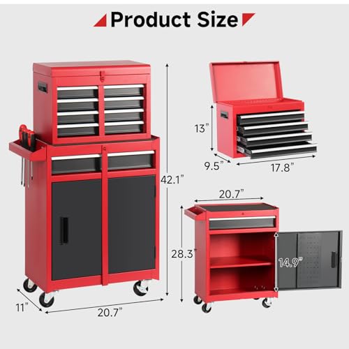 Rovibek Tool Chest, 5-Drawer Metal Tool Box with Wheels, Rolling Tool Chest with Foam Packaging, Lockable Wheels, Detachable Top Tool Box, Tool Storage Cabinet for Garage Workshop Warehouse, Pure Red by Rovibek - Image 3