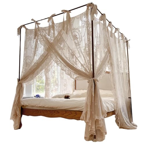 Rideaux de lit à baldaquin d'angle beige de qualité pour lit 1,5 m - 2