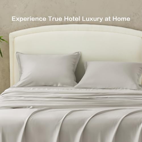Image of Andency Sateen Sheets Set, 100% Viscose Derived from Bamboo, Hotel Luxury Silky & Cooling for Hot Sleepers, Deep Pocket Up to 16 inch, Grey Queen