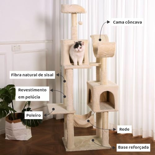 Arranhador de gato grande, luxuoso, multifuncional com casas, camas, rede, poleiros e brinquedo