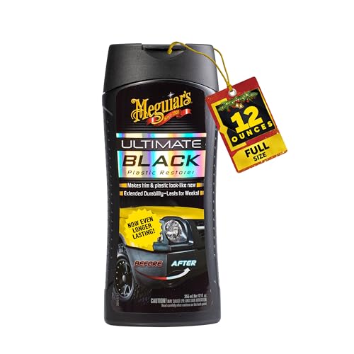 Meguiar’s Ultimate Black Plastic Restorer, Durable Car Restorer for Faded Black Plastic, Vinyl, and Rubber, Restores Deep Color and Shine, for Car Guys, 12 Oz