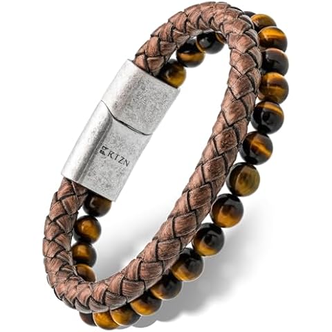 RTZN® Brown Leather Bracelet for Men – Premium Artisan Handcrafted Brown Leather & Tiger Eye Bracelet – Mens Authentic Tigers Eye Bead And Leather Bracelet (Large) Cover