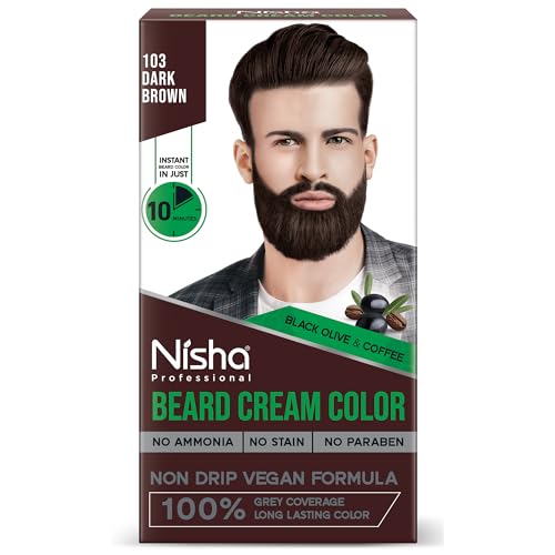 Nisha Beard Colour For Men, Dark Brown, 100% Grey Coverage, No Ammonia, No Stain, No Paraben, Non Drip Vegan Formula, Long Lasting Color in 10 Minutes, 60g Colorant + 60g Developer