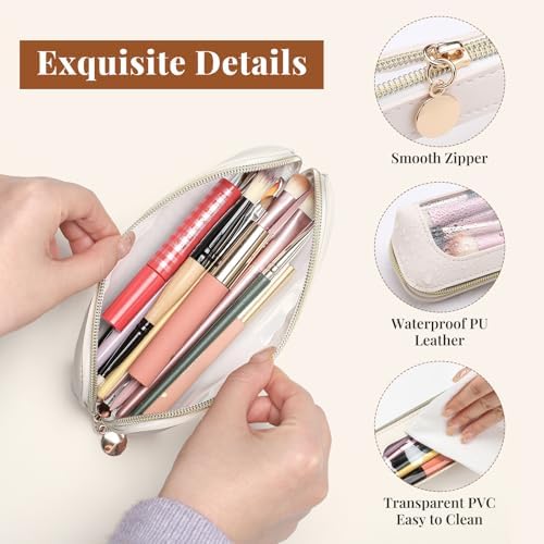 Sightor Clear Makeup Bag, PU Leather Makeup Brush Case Small Makeup Bag for Purse Travel Portable Waterproof Cosmetic Organizer Pouch (Beige) - 2