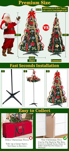 Turnmeon 6Ft Prelit Pop Up Christmas Tree With Timer 200 Warm White & Colorful Change 8 Modes, 1 Minute Christmas Tree Pre-Decorated Ornaments Ul Plug Powered Easy Assemble Collapsible Holiday Xmas Tree Decor thumb #1
