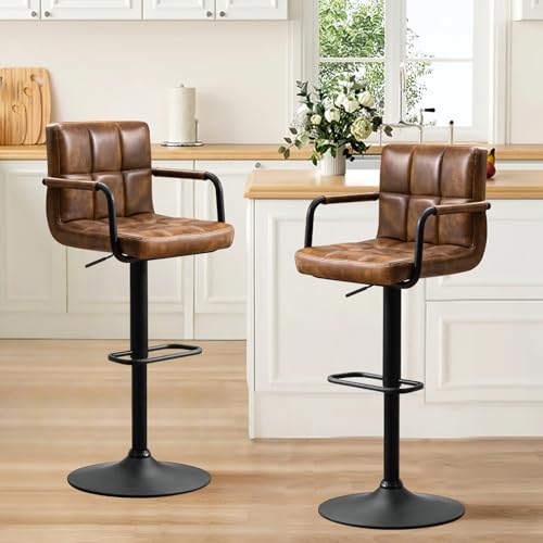 Furniliving Bar Stools Set of 2 with Back, Modern Square PU Leather Kitchen Stools with Armrest, Adjustable Counter Height Barstools for Kitchen Bar Pub Cafe (Yellowbrown)