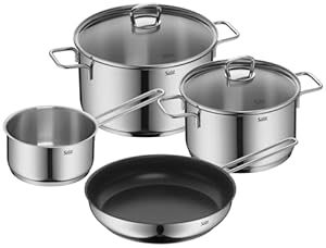 Silit Alicante Topfset Induktion 4-teilig, Topf und Pfannenset, Kochtopf Set mit Glasdeckel, Edelstahl poliert, Induktions Töpfe Set unbeschichtet