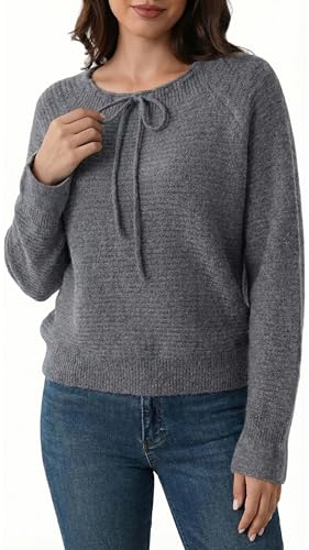 Women's Sweater Tie Front Pullover Crewneck Knit Tops Casual Solid Color Tie Sweaters Fall Winter