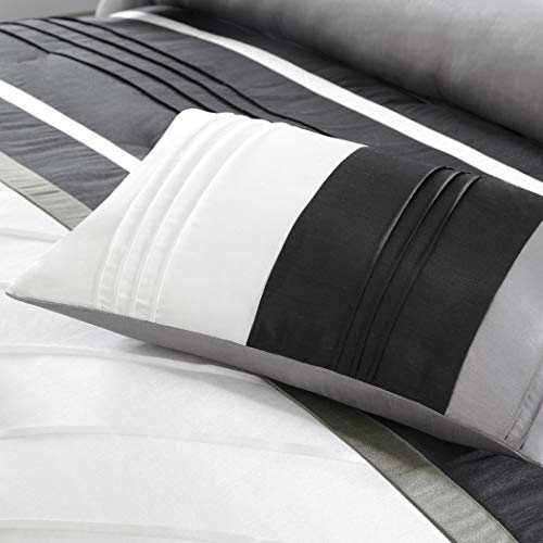 7 Piece Silver Grey Black Striped Comforter Cal King California Set, Gray White Adult Bedding Master Bedroom Stylish Patchwork Pintuck Pattern Elegant Themed Traditional Monochromatic Polyester Stripe #TOP4