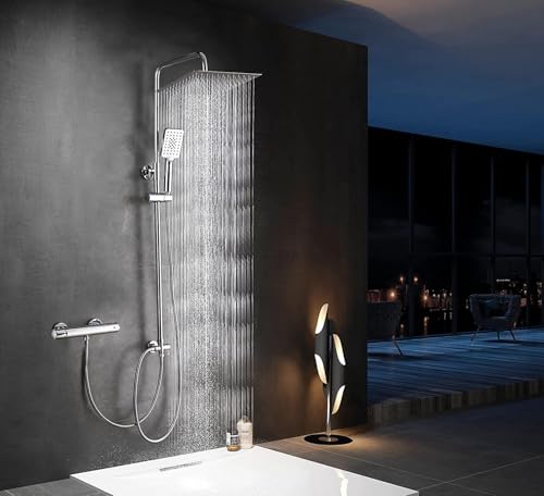 Elbe Shower System - Stainless Steel Rain Shower Head 30 x 30 cm Square, Chrome Rail Set Without Fittings, Shower Column