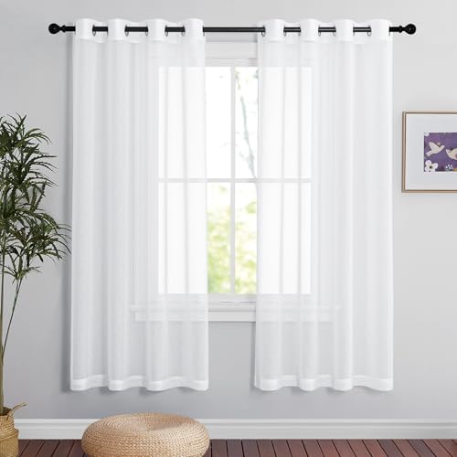 PONY DANCE Rideaux Blanc - Voilage Décoration Maison Chambre Voile en Lin Naturel Effet Lumineux Filtrer de Fenêtre avec Oeillets Ambiance Romantique, L 140...