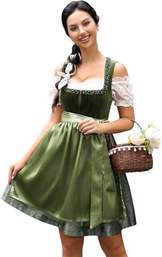 KOJOOIN Dirndl Damen Kurz 3tlg. Midi Trachtenkleid Samt Trachtenmode Kleid Set für Oktoberfest Besondere Anlässe inkl. Dirndlkleid,Dirndlbluse,Dirndlschürze(Verpackung MEHRWEG)