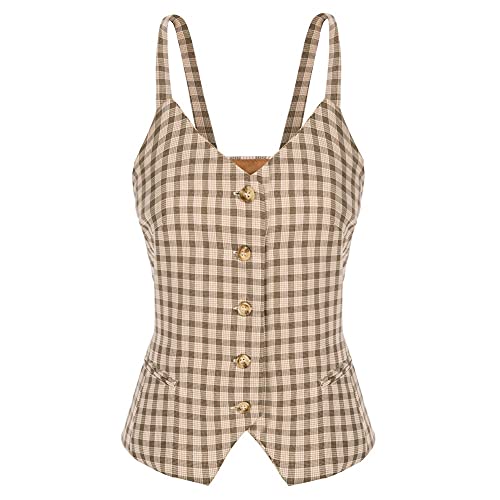 KANCY KOLE Hemdbluse Damen Gilet mit Knöpfe Sommer Herbst Retro Elegant Vintage Jacke Tunika ärmellose Schlingenweste für Party Arbeit Alltag KC0124A21-01_2XL Cover