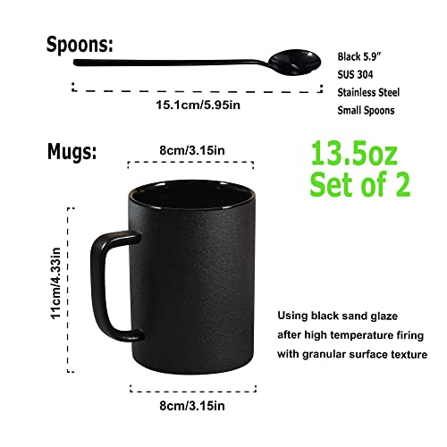 Coffee Mug Set Of 2, Frosted Black 13.5Oz Coffee Set Of 4-Pack - Ceramic Mugs 2Pcs And 304 Stainless Steel Spoons 2Pcs, Medium Large 400Ml Cups, Health Gift For Men And Women At Home Or Office #TOP1