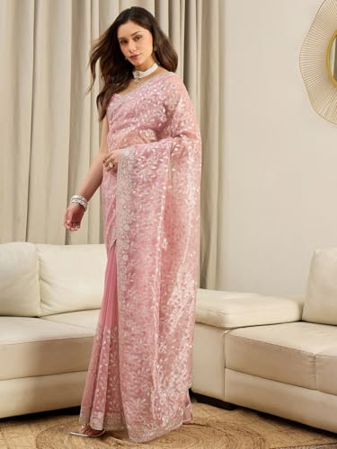 Image of AKHILAM Women's Net Embroidered Saree With Unstitched Blouse Piece