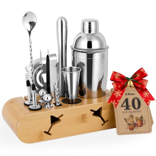 X Home Bartender Kit with Stand, Cocktail Shaker Set for Enthusiasts and Beginners | Includes Martini Shaker, Easy-to-Measure Jigger, Hawthorne Strainer, Mixing Spoon and More, Bartender Kit Gifts
