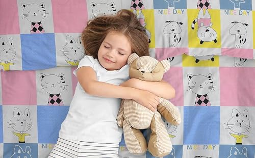 Image of Filymore Cat Single Bedsheet for Girls Kid Bedsheet for Small Size Bed 240 TC Microfiber Soft Cartoon Bedcover for Kids Room 90x60 Inches Yellow and Blue