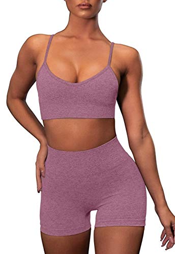 OLCHEE Women’s Workout Set 2 Piece Tracksuit - Seamless High Waist Shorts Leggings and Sports Bra Yoga Outfits - Purple Size M