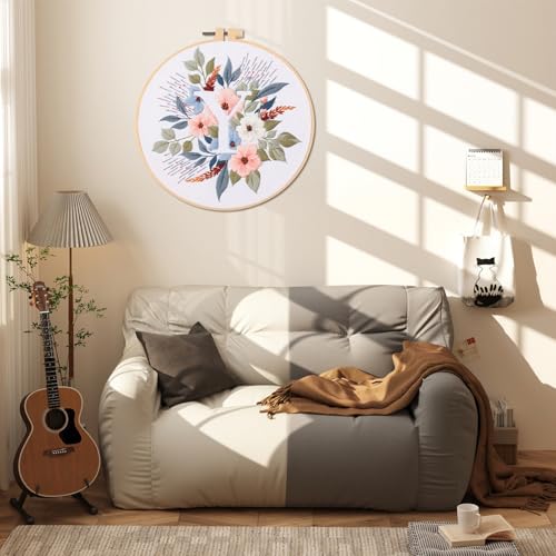 Image of IUHUI Embroidery Kit for Beginners Adults - 26 Floral Letters Easy Patterns, DIY Hand Stitching Embroidery Set with Hoop (Flower and Grass Letter Y)