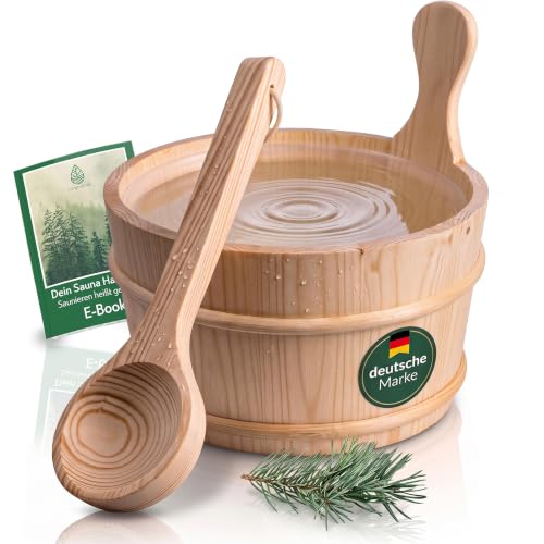 CozyNature secchio sauna con mestolo in legno di pino finlandese di alta qualità | accessori sauna, secchio sauna, secchio per infusione | secchio di plastica incluso - 4 litri