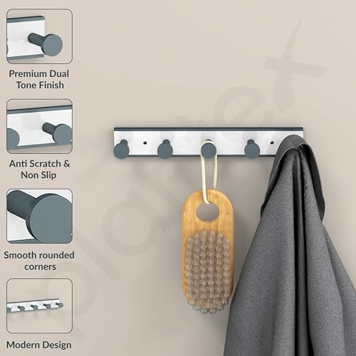 Image of Plantex Cloth Hanger for Bathroom /Acrylic Hook Rail with 5 Hooks /Towel Hanger /Wall Mounted Cloth Hanger /Key Holder (Grey and Milky White)