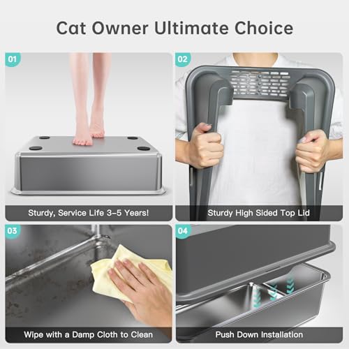 Image of WoofiGo Enclosed Stainless Steel Cat Litter Box with Lid, XL Extra Large Litter Box for Big Cats, Metal Litter Pan High Sided, Never Absorbs Odors, Anti-Urine Leakage, Easy Cleaning, Include Scoop