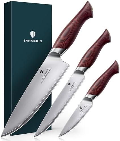 SANMEIHO Messerset 3-teilig, Japanisches Küchenmesserset | 10Cr15MoV Edelstahl, scharfes Kochmesserset mit ergonomischem Holzgriff, Kochmesser, Allzweckmesser, Schälmesser - OKINAW