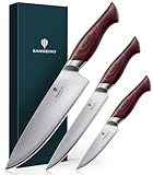 SANMEIHO Juego de 3 Cuchillos de Cocina Japonés, Set de Cuchillo Profesionales, Hoja Afilada con Acero Inoxidable 10Cr15MoV (62HRC), Mango Ergonomico Madera - Cuchillo de Chef, Multiusos, Pelador