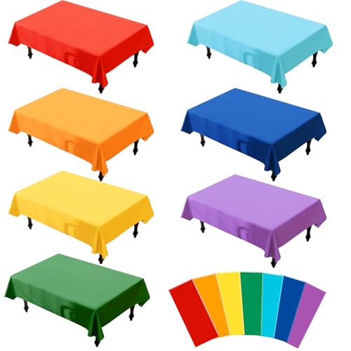 Image of G GENLEAS 7 Pack Assorted Color Plastic Tablecloth Colorful Rectangle Table Covers for Birthday Wedding Fiesta Picnic Party, Rainbow Party Decorations, 7 Color, 54x108 Inch