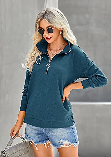 Prettygarden Women's Causal 1/4 Zip Pullover Long Sleeve Collar Sweatshirts Solid Activewear Running Jacket(Lake Blue,X-Large) #TOP3