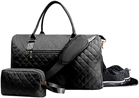 BRAQ Travel Duffle Bag, Gym Bag with Toiletry Bag, Foldable Weekend Bag with Shoes Compartment Overnight Bag, Weekender Carry On Travel Duffle Bags for Women, Lightweight Carr yon Gymbag (Black)